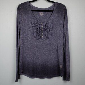 Double D Ranch blue ombré tuxedo ruffle long sleeve top-L